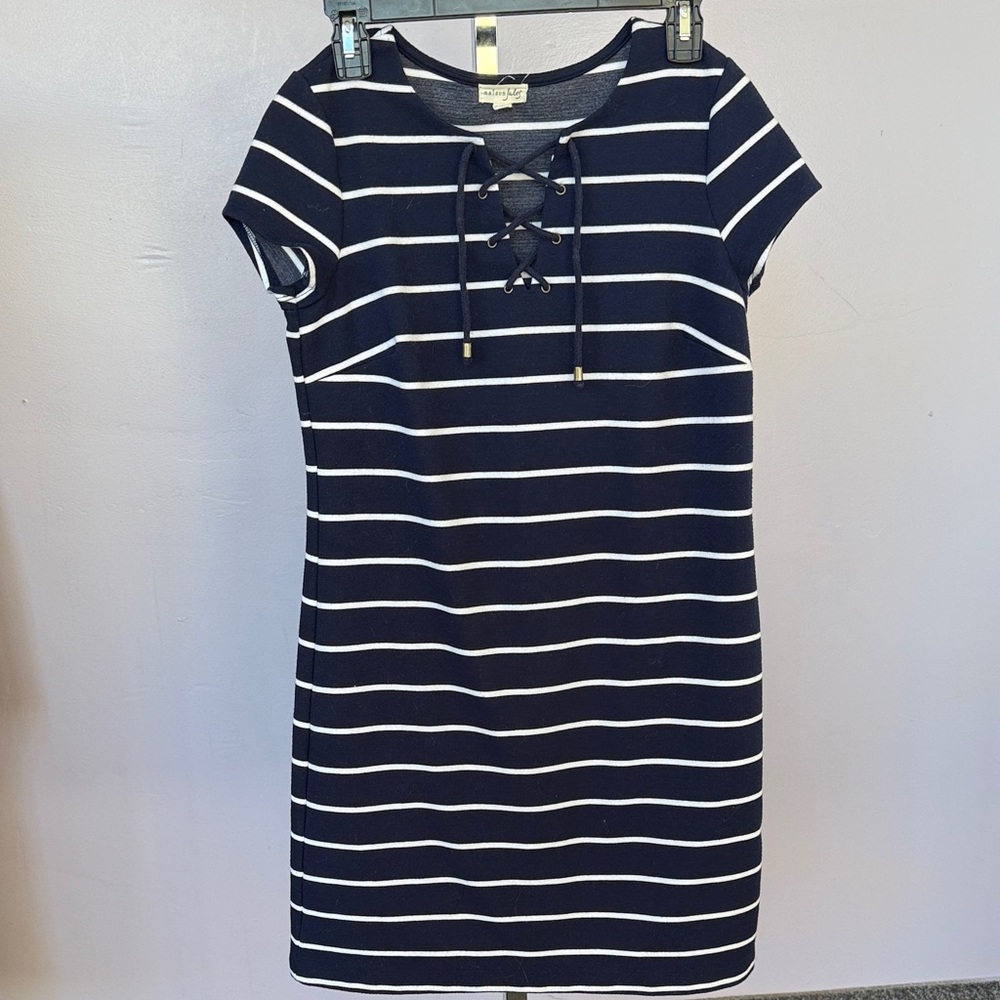 Maison Jules Striped Navy Mini Dress with Lace-Up Front